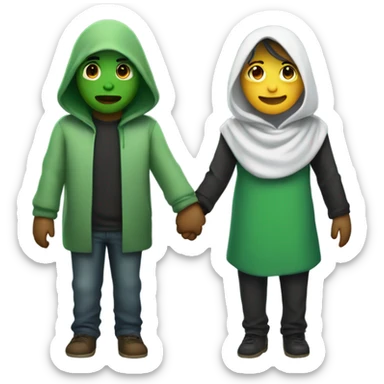 Hooded alian with green skin holding hands with a other person and looking away. 2 people in the picure sticker