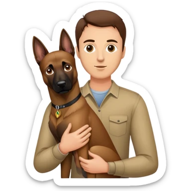 Man with brown hair holding a Belgian Malinois  sticker