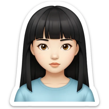 A girl with asian bangs and straight and slightly long hair, look like an asian  sticker