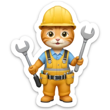 orange tabby cat wearing yellow hard hat holding tiny wrench, standing upright with tool belt, 3D emoji style sticker