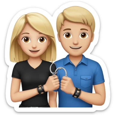 a blonde girl holding handcuffs with her brown haired boyfriend  sticker