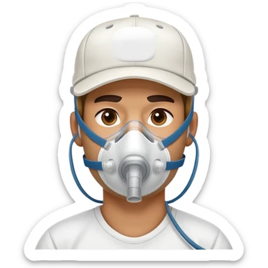 cpap face mask on guy wearing "backwards baseball" hat sticker