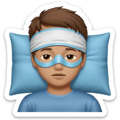boy with a sleeping mask above head like a band 
 sticker
