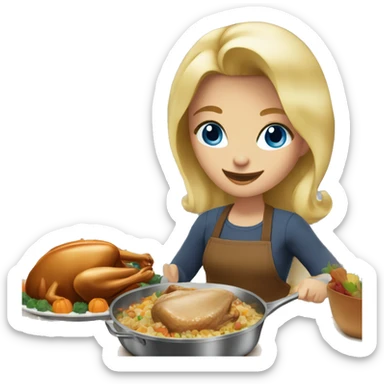blonde hair blue eyed girl cooking thanksgiving dinner. you can see her whole body and the kitchen  sticker