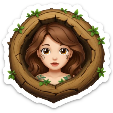 cute woman long wavy brown hair tattoos peeking from tree hole sticker