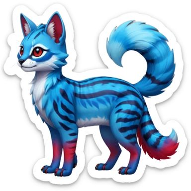 Cute kawaii cool edgy badass  vibrant cyan-cobalt-blue-to-crimson-red gradient-colored iridescent glossy fur  fantasy-caracal-civet-genet-sergal-vernid-Gryphon-Cacomistle-Trico-oncilla-animal-Fakémon-hybrid-fursona (full body), facial markings, (realism style) sticker