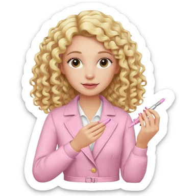 Blonde curly long hair woman with soft pink clothes doing manicure sticker