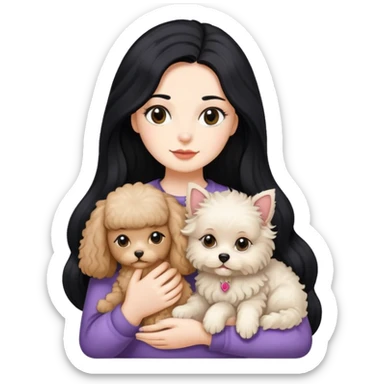 One Lady with long black hair, holding 2 animals -a Ragdoll cat and a small poodle dog sticker