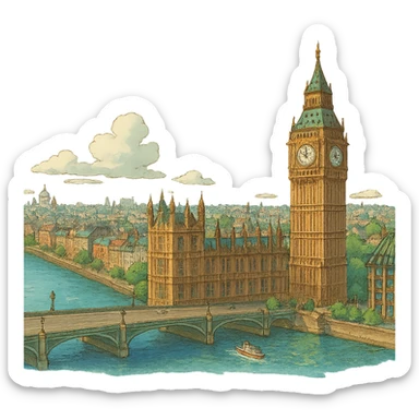 ghibli style London cityscape with Big Ben and Thames river sticker