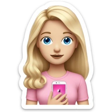a blue eyed white dark blond hair girl wearing a pink shirt holding a pink iphone  sticker