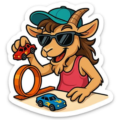 goat for Telegram stickers inspired by reference https://attic.sh/feoducyurkpqwz0la088soao98sx: wearing a cap, glasses, mullet hairstyle, pink drunkard tank top, playing with hot wheels cars sticker