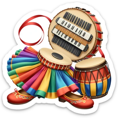 Icon for Folk Dance: close-up traditional dance shoes, colorful folk costumes, and a dance circle with ribbons and musical instruments like a tambourine or accordion. The icon should represent the vibrant and cultural aspects of folk dancing. Transparent background. sticker