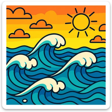 stylized sea with waves, vibrant cartoon style sticker