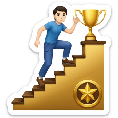 UN HOMBRE DE PIEL CLARA Y PELO OSCURO SUBIENDO ESCALERAS PARA ALCANZAR UN TROFEO sticker