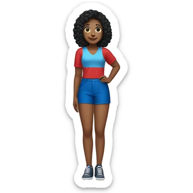 Create an emoji of a woman with black hair, wearing blue shorts and a red top and posing. sticker