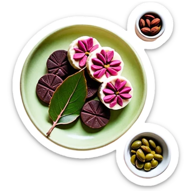 Una composición de arte en miniatura, estilo flat lay: un trozo de manteca de Karité o cacao cruda con una pequeña ramita de oliva y pétalos de rosa seca alrededor. Colores: tonos tierra, verde oliva y crema. Estilo: orgánico y de estudio fotográfico. Fondo suave. sticker