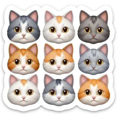 6 realistic looking cats with different natural coloured coats, assorted grey and white, greys, calico, brown and white colours etc
 sticker