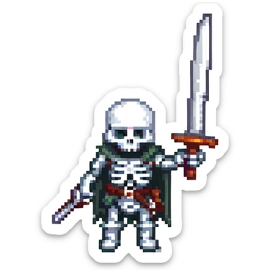 skeleton warrior with a sword, pixel art style, classic video game look sticker