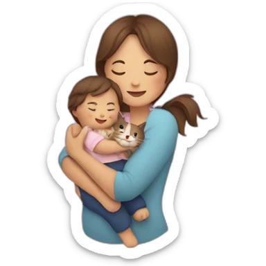 a mom cuddling with a cat and a baby sticker