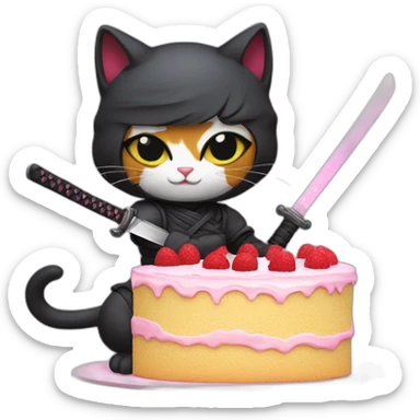 Ninja cat cuts a cake with a katana sticker