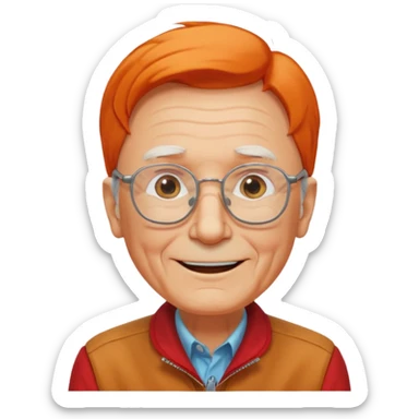 old man, orange straight hair, no mustache, wearing glasses, long face, wearing a red jacket sticker