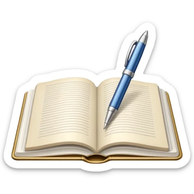 "A white open book,The pen should be positioned as placed exactly in the center between the pages.  if held by a right-handed person - meaning the direction is reversed compared to a left-handed grip. The pen should be uncapped, and the cap placed behind it." sticker