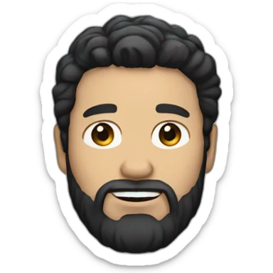 white man with black hair and beard and a sweater sticker