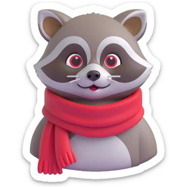 mischievous raccoon wearing a red scarf, 3D emoji style sticker