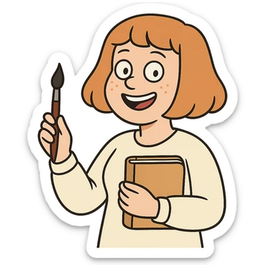 happy light-skinned woman writer, strawberry blonde page haircut, round face, freckles, smiling, holding a paintbrush and journal sticker
