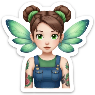 Fairy with: brown hair in bob half up in space buns, pale skin, tattoos, green eyes, a denim skirt sticker