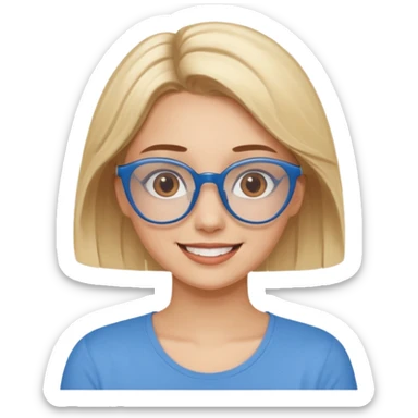 Asthectic pretty Blonde women brown eyes, blue glasses, waring a brown top smiling with hearts around her. sticker