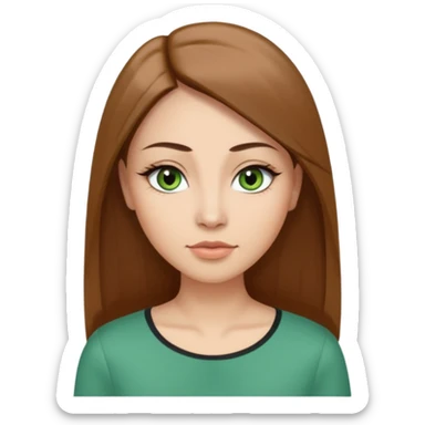Adult woman avatar, light skin tone, oval face, long straight brown hair, green almond-shaped eyes with dramatic eyelashes and minimal eyeliner, neutral mouth, medium straight eyebrows, small nose, smooth skin sticker