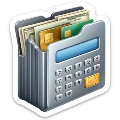 Closed folder icon with small symbols floating around: bank building, credit card, calculator, and document – organized financial archive sticker