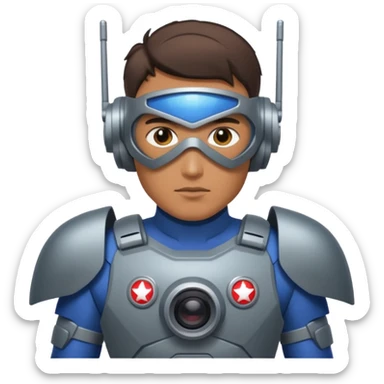 Un photographe homme high tech, une armure de terrain à la super héro. Il a des appareils photos, des caméras embarquées et un drone  sticker