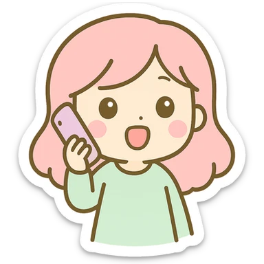 Edit the woman to look like she is talking on the phone with her mouth open as if speaking, maintaining the kawaii chibi anime style with flat pastel colors, thick outlines, and simple cute features. Use a transparent background. sticker