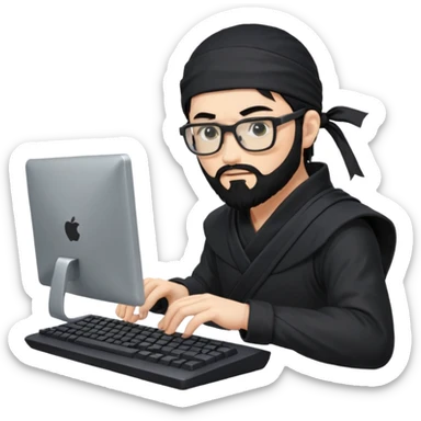 Man with black hair and beard wearing glasses in a ninja costume typing on a computer keyboard sticker
