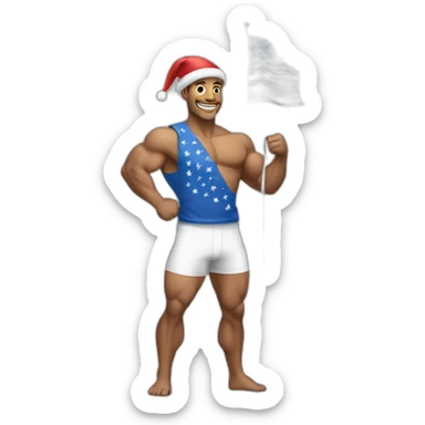 Create a full-body emoji of a muscular man, wearing a New Year's hat and holding a generic celebratory flag. sticker
