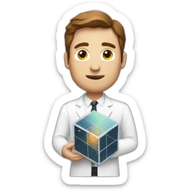 Tall white man with brown hair carrying a small cube satellite sticker