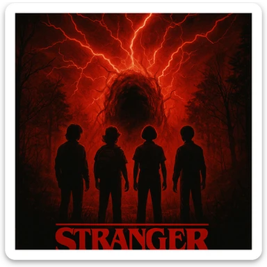 Stranger Things series horror poster style, the kids standing in front of the Upside Down portal with red lightning sticker