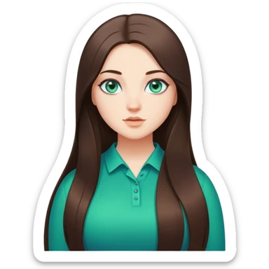Curvy but beautiful brunette girl, blue/green eyes, pin straight super long hair, saturated details sticker