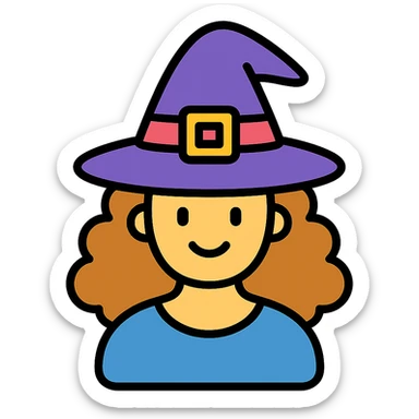 color outline icon of a witch with caramel brown curly hair sticker