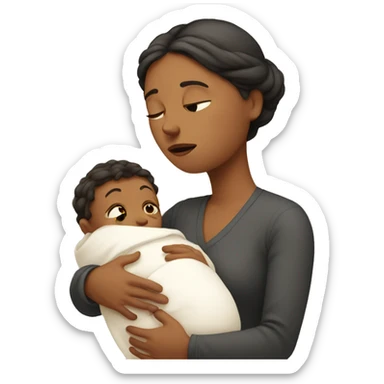 European sad mother with newborn sticker