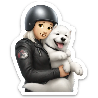 Biker girl white skin with a full helmet hugging a Samoyed  sticker