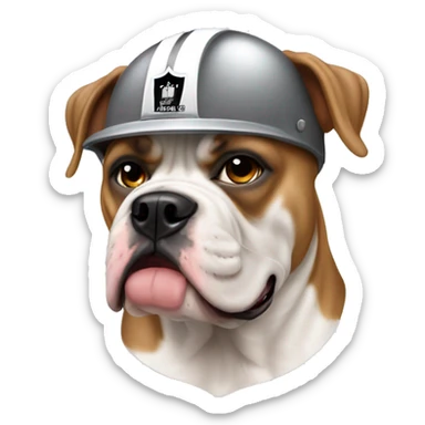 Tan American bulldog cropped ears wearing a raiders helmet sticker