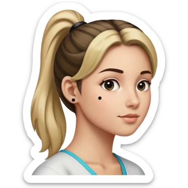 woman facing left side with ponytail and a black dot on her cheek sticker
