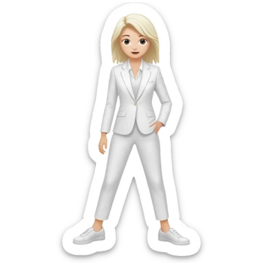 Chica blanca, traje pantalón blanco, zapatos blancos, pelo recogido con mechones sueltos, cuerpo entero sticker