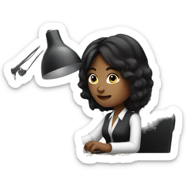 a woman with black hair working at a cool desk sticker