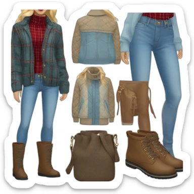 blond tall blue eye female designer with plaid brown and red sports jacket and white turtle neck sweater black boots and baggy light blue jeans sticker