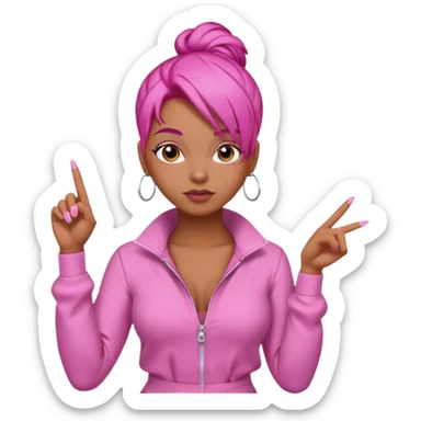 Brownskin girl , pink hair , edges ,  sassy looking pointing at the sky while pouting, pink nails, hair a slick back bun, with a pink jumpsuit  sticker