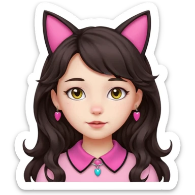 Make the girl's hair long, dark, and wavy (curled), not short or tightly curled. Keep the cat ears (no headband) and the cute pink or silver collar. Maintain the apple emoji style with a transparent background. sticker